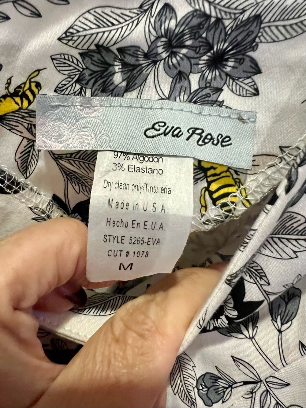 Eva Rose Floral Print Dress in White with Black & Yellow Bee Details